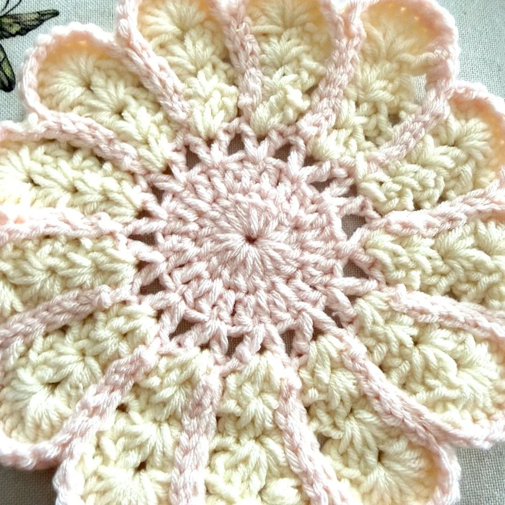 Handmade Crochet Flower Doily – Pink & Cream Floral Decor – 7x7 Inches